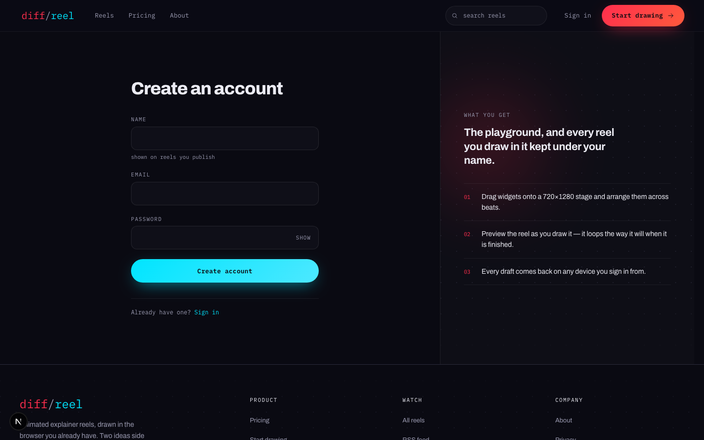 The Diffreel registration page: name, email and password fields beside the product's pitch.