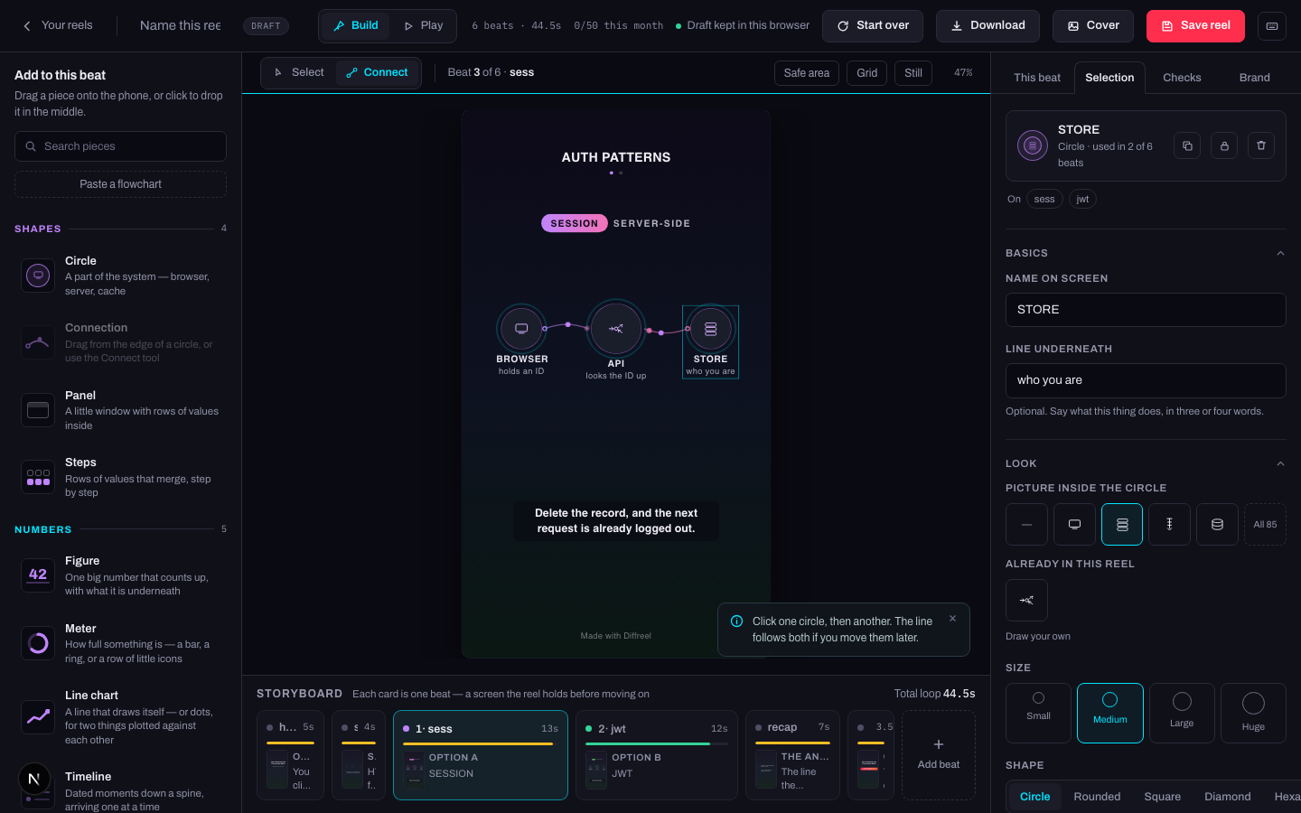 The Connect tool active in the playground toolbar.